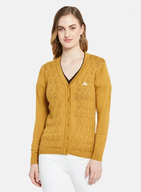 Crewneck Designer Fair Isle SweatersWomen Golden Yellow Self Design Cardigan