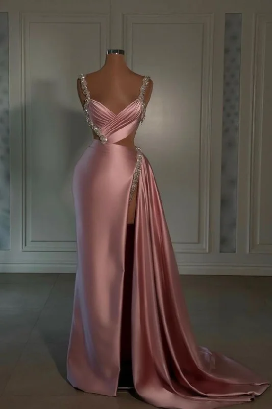 prom dresses with lace appliquésGlamorous Pink Prom Dress Sweetheart Spaghetti Strap With High Slit Trail Y6436