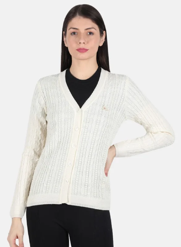 Extra-Large Flannel-Lined SweatersWomen Off White Self Design Cardigan