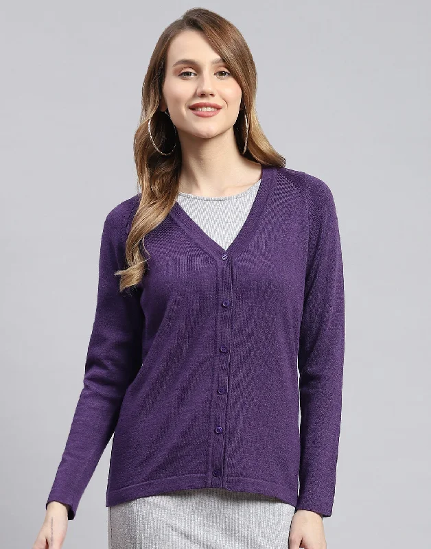 Comfortable SweatersWomen Purple Solid V Neck Full Sleeve Cardigans