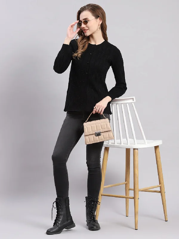 Baby SweatersWomen Black Self Design Round Neck Full Sleeve Cardigans