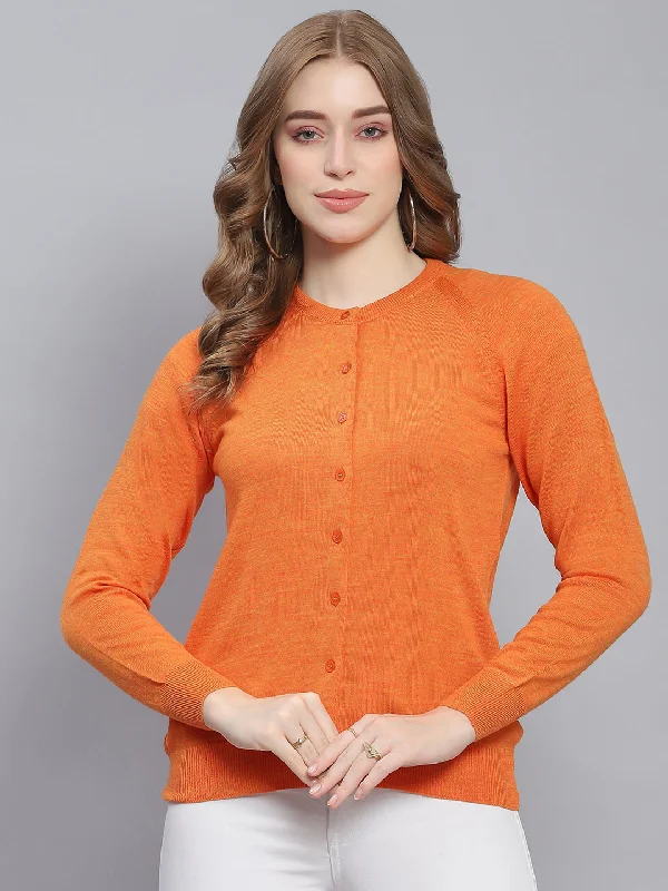 Discounted SweatersWomen Orange Solid Round Neck Full Sleeve Cardigans