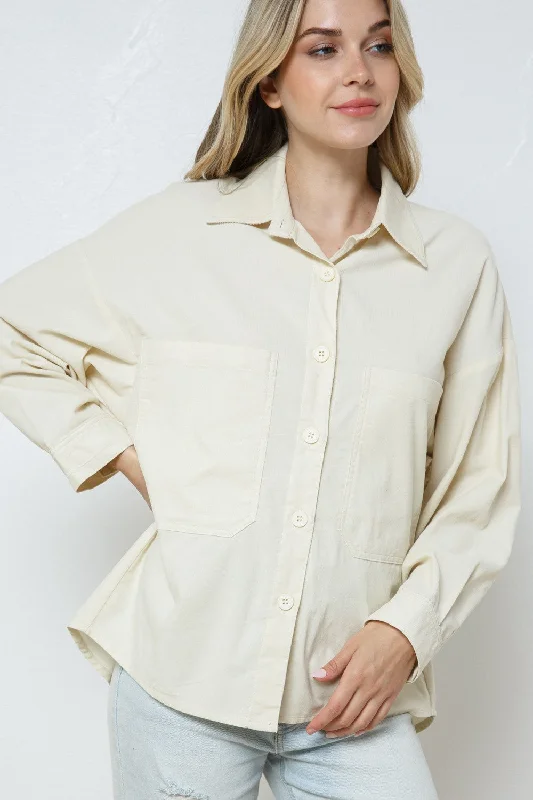 women's tops for those who want to stay cool and chic during warmer weatherIVORY COTTON COLLARED PATCH POCKET SHIRT TOP T7649