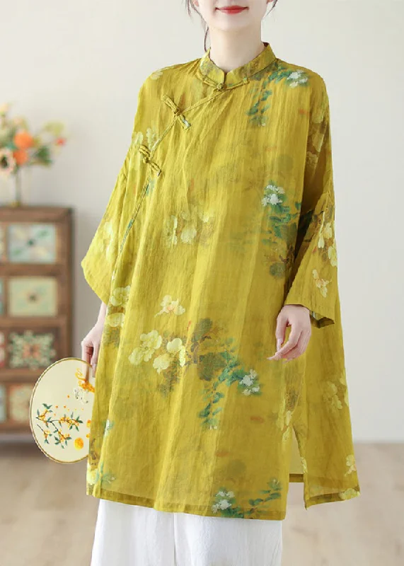 women's tops for those who believe in expressing their individuality through fashionChinese Style Yellow Stand Collar Print Button Linen Shirts Long Sleeve