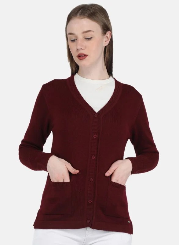 Cozy Embellished SweatersWomen Maroon Solid Cardigan