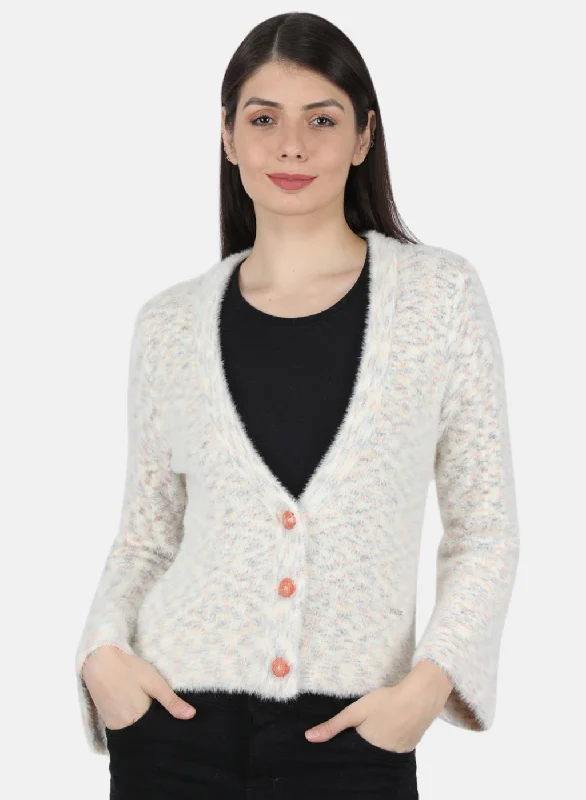 Cozy Embellished SweatersWomen Off White Self Design Cardigan