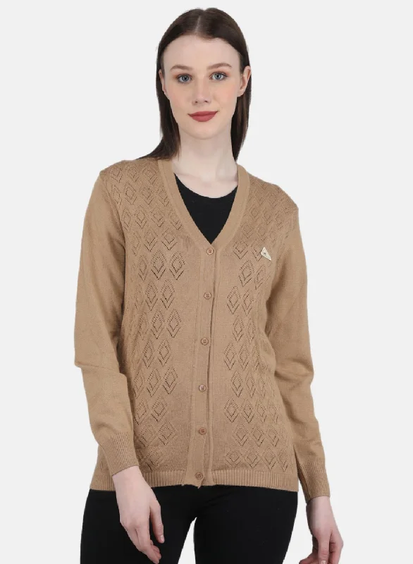 Thick SweatersWomen Brown Self Design Cardigan