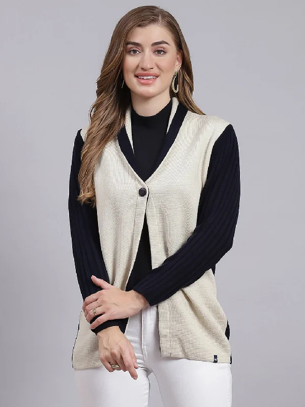 Stylish Trendy Pullover SweatersWomen Navy Blue & Cream Solid Wool blend Cardigan