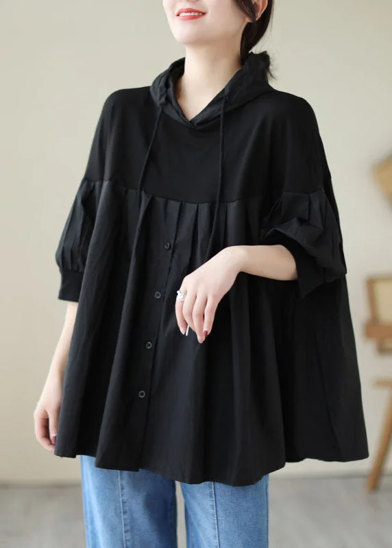 women's tops for those who value both quality and affordabilityCasual Black Hooded Wrinkled Patchwork Cotton T Shirt Top Summer