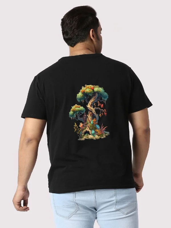 women's tops for fashion-conscious professionalsMen Plus Size Black Bonsai Tree Printed Round Neck T-Shirt.