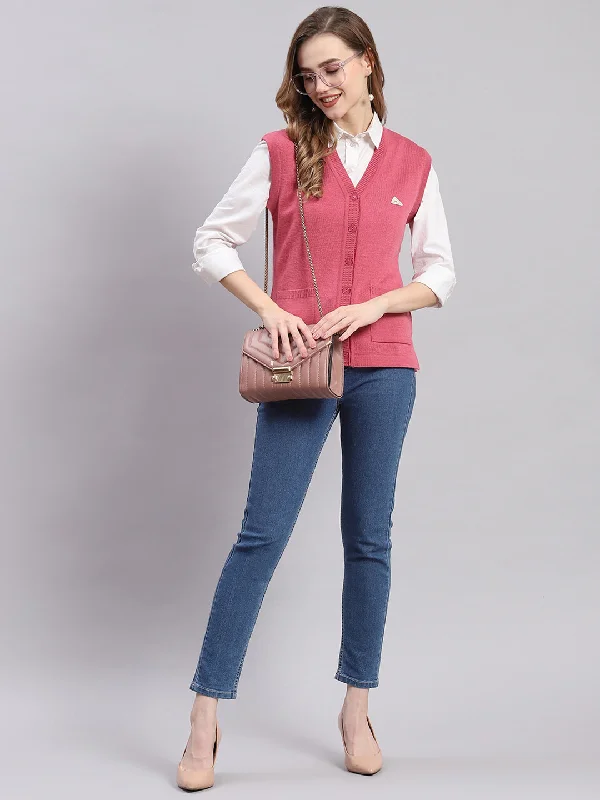 Chunky SweatersWomen Pink Solid V Neck Sleeveless Cardigans