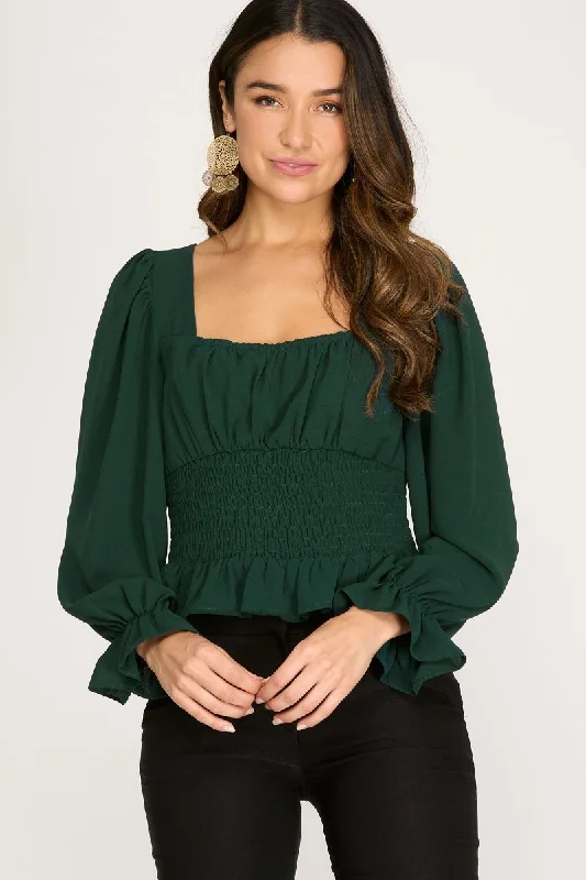 women's tops for layeringSEA GREEN PUFF SLEEVES SMOCKED WAIST BACK DETAILED WOVEN TOP S8SS8588