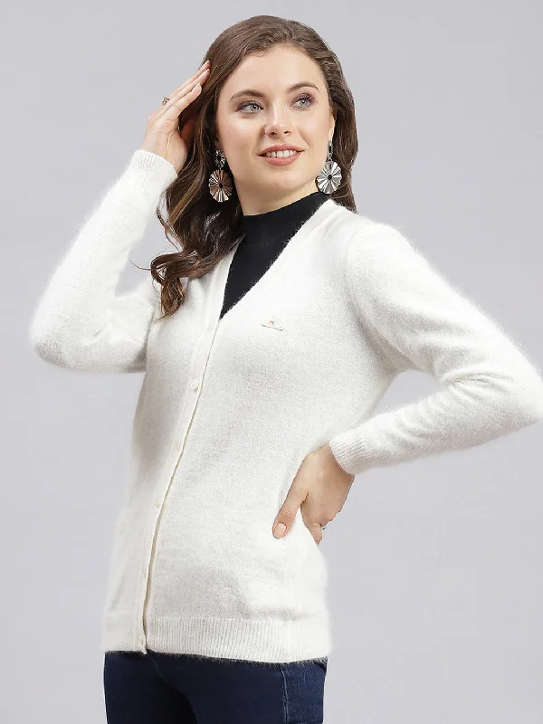 Colorful Comfortable Casual SweatersWomen Off White Solid Angoora Cardigan