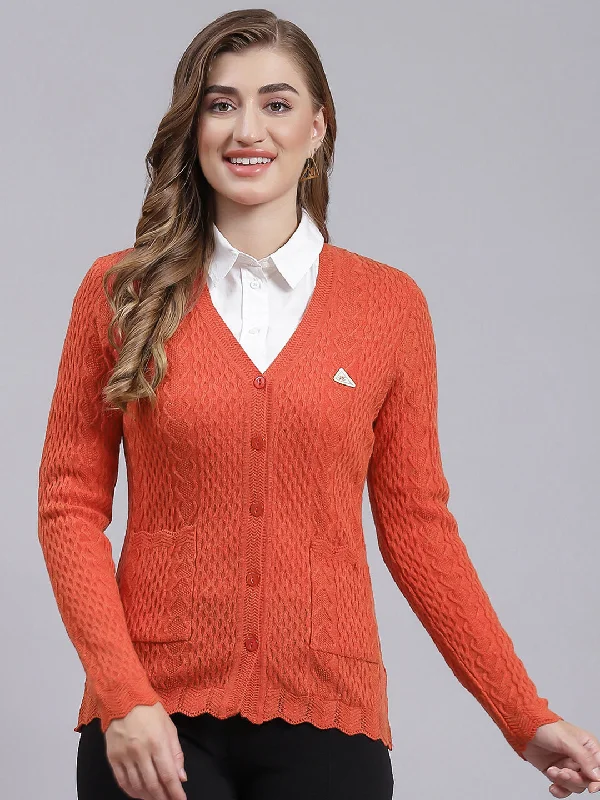 High-Quality Wool SweatersWomen Orange Self Design Wool blend Cardigan