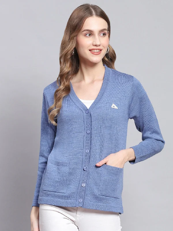 Fitted High-Quality Wool SweatersWomen Blue Solid V Neck Full Sleeve Cardigans