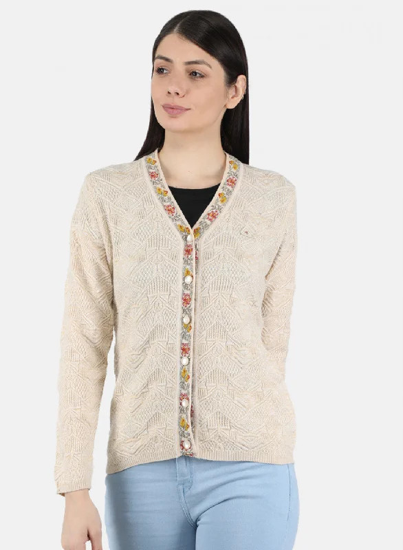 Plus-Size Pullover Chunky SweatersWomen Beige Self Design Cardigan