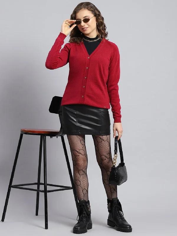 Wool SweatersWomen Red Solid V Neck Full Sleeve Cardigans