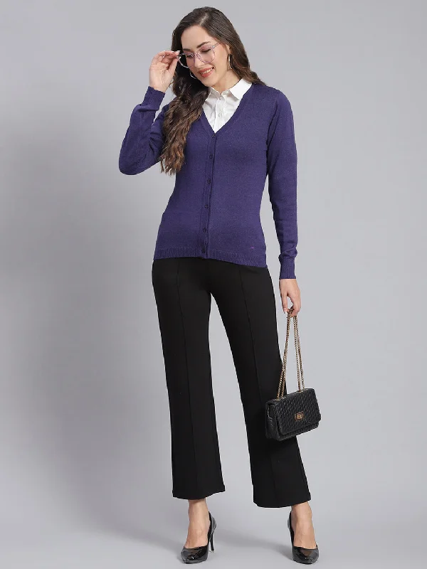 Quick-Dry Wool SweatersWomen Purple Solid V Neck Full Sleeve Cardigans