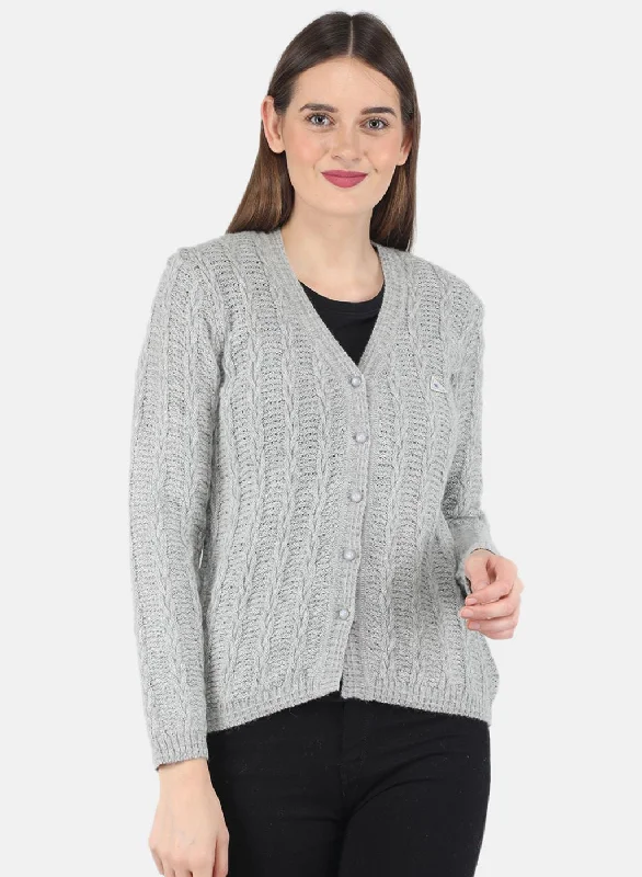 Flannel Knitted Crewneck SweatersWomen Grey Self design Cardigan