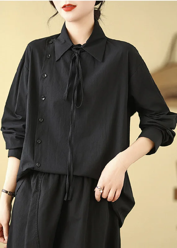 women's tops for gala dinnersChic Black Asymmetrical Cotton Shirt Spring