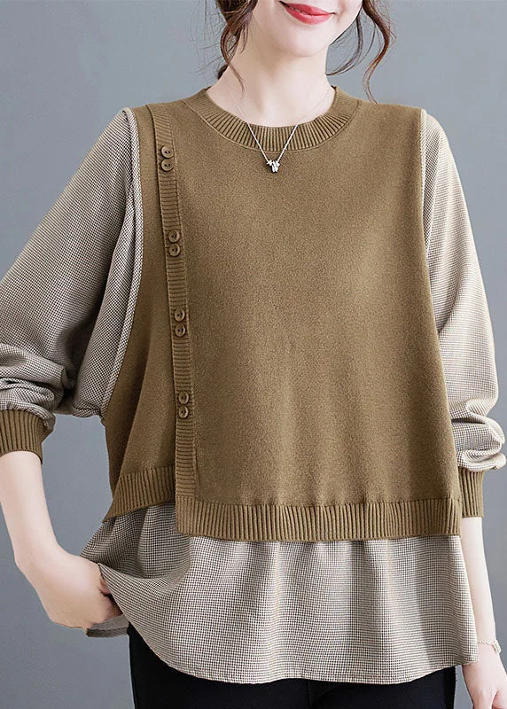 long-sleeved women's topsModern Camel O-Neck Knit Patchwork Top Fall