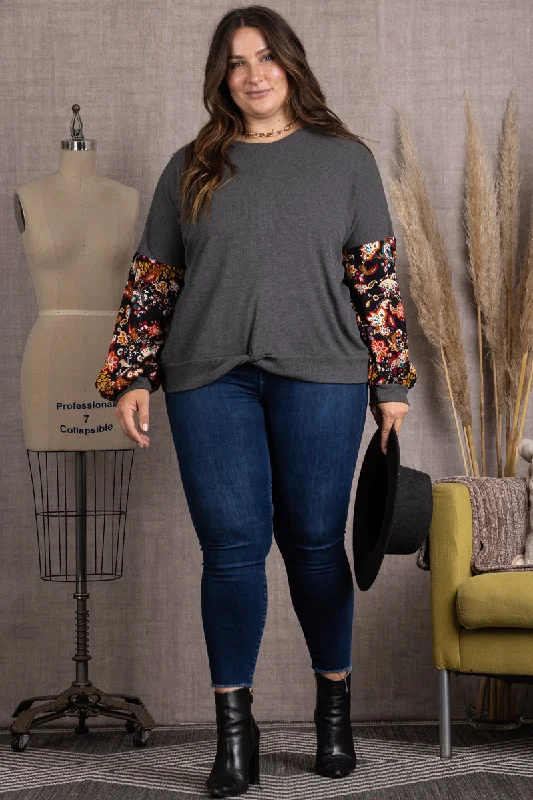 women's tops for cozy nights inCHARCOAL PAISLEY PRINT RIB STITCH CONTRAST PLUS SIZE TOP-TP2016