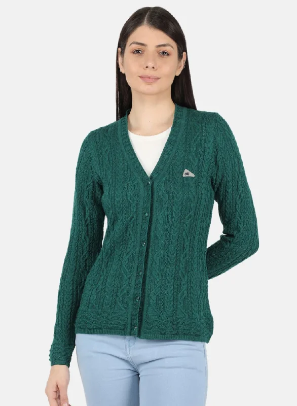 Affordable SweatersWomen Green Self Design Cardigan