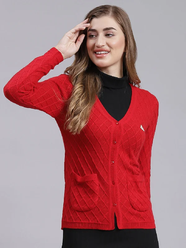 Trendy Pullover SweatersWomen Red Self Design Wool blend Cardigan