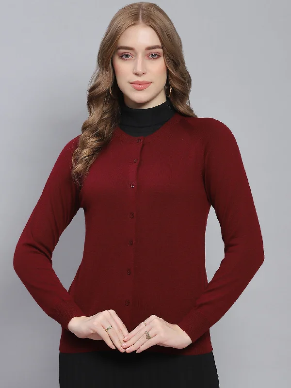 Cozy SweatersWomen Maroon Solid Round Neck Full Sleeve Cardigans