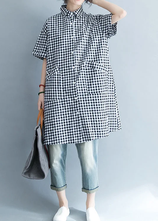 women's tops for summer festivalsUnique black white plaid cotton linen shirts women stylish lapel pockets oversized Summer shirts