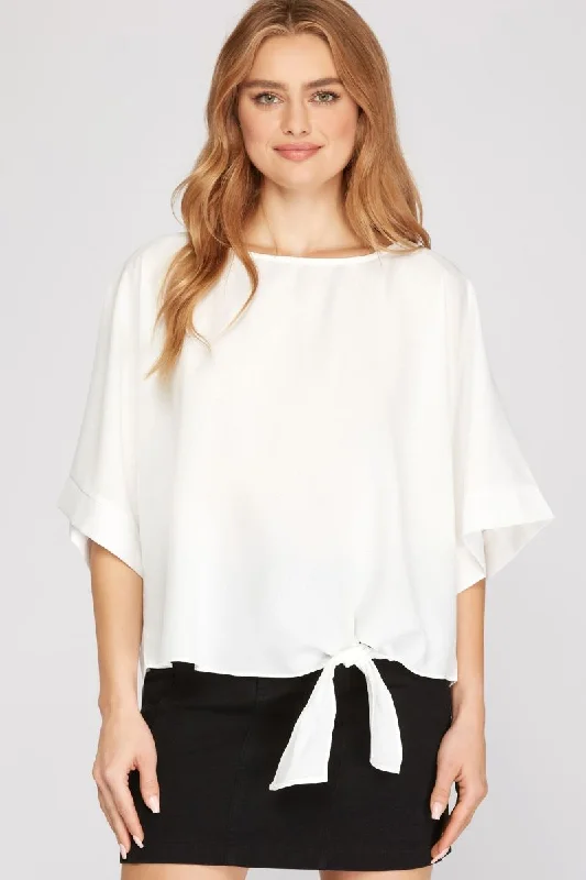 women's tops with geometric patternsOFF WHITE KIMONO SLEEVES W/ SIDE TIE DETAIL WOVEN TOP S8SY3244