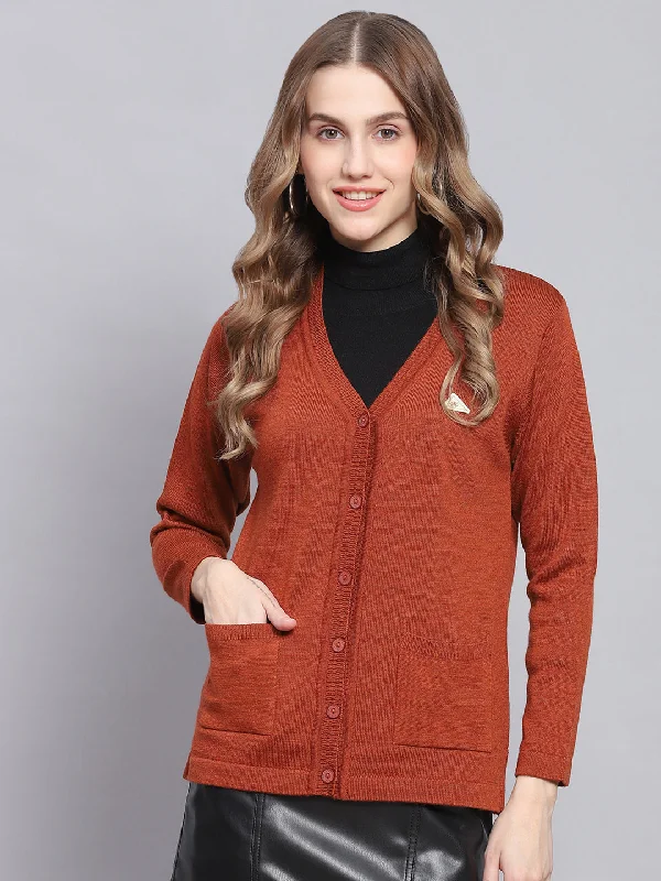 Cardigan Discounted Baby SweatersWomen Rust Solid V Neck Full Sleeve Cardigans