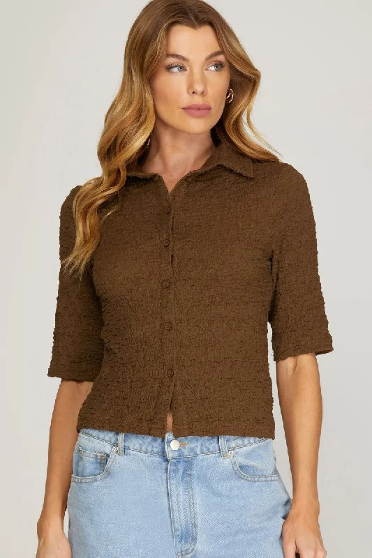 women's tops with embroidery detailsBROWN TEXTURED HALF SLEEVES BUTTON DOWN KNIT TOP S8SY5008