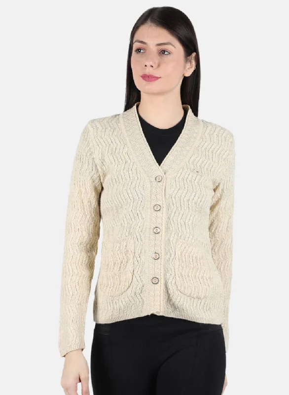 Cozy Embellished SweatersWomen Cream Self Design Cardigan