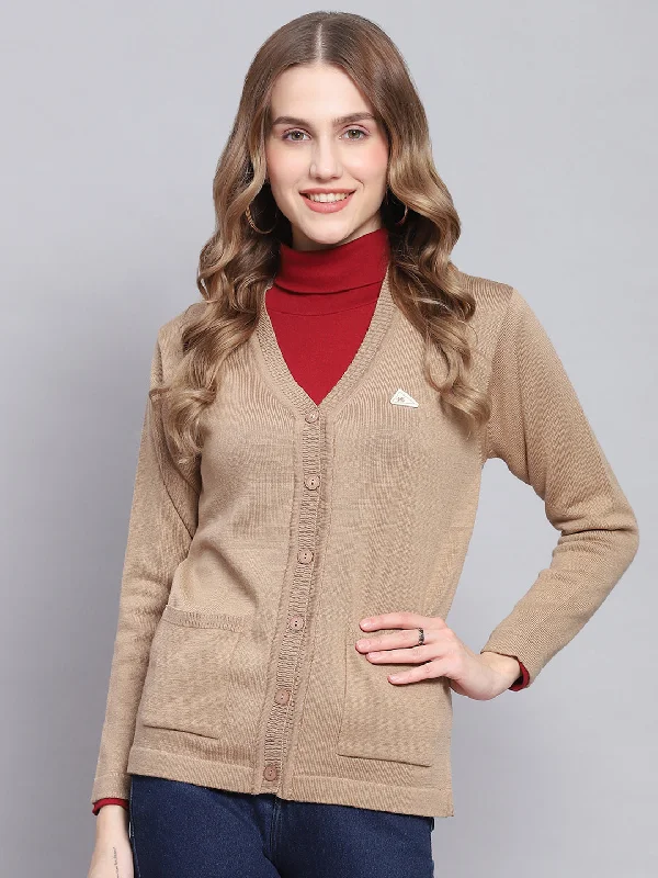 Thick Turtle-Neck Wool SweatersWomen Camel Brown Solid V Neck Full Sleeve Cardigans