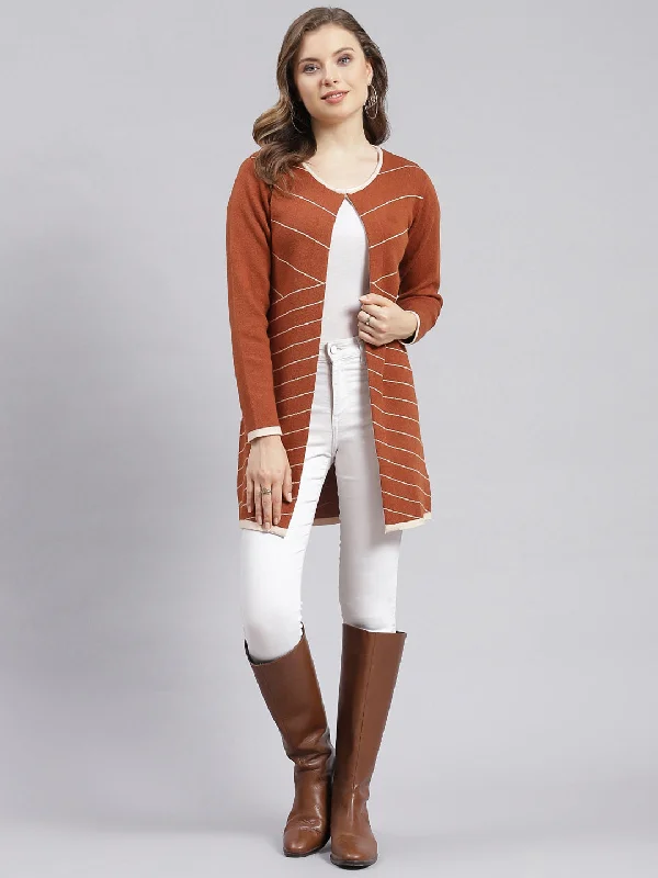 Soft Thick Cashmere SweatersWomen Beige Stripe Wool blend Cardigan