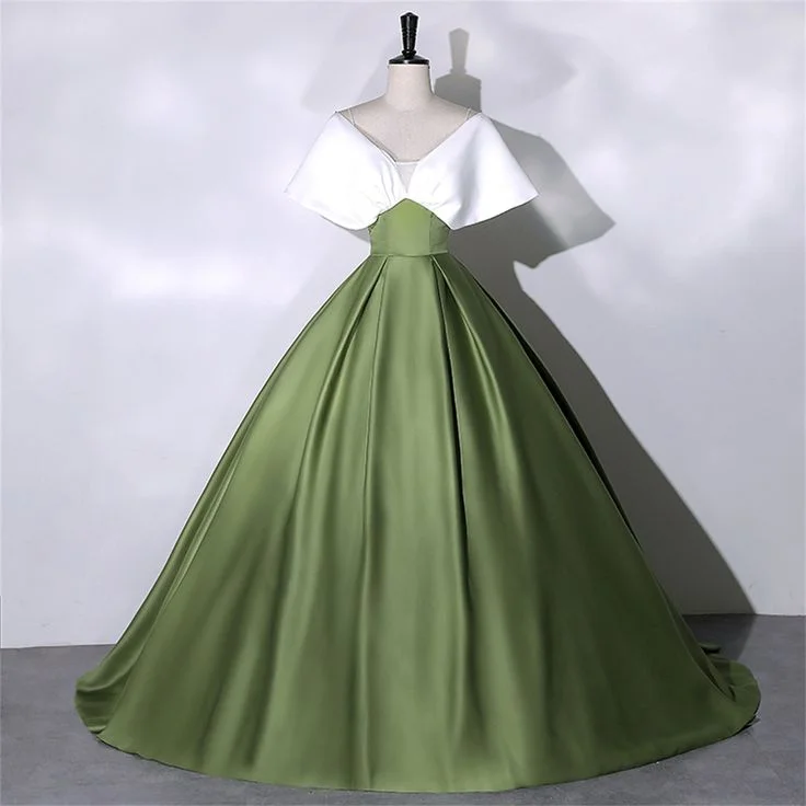 halter prom dressesWhite+Green Satin Prom Dress Elegant Quinceanera Dress Floor Length Green Dress Evening Dress Girls Princess Dress Y4598