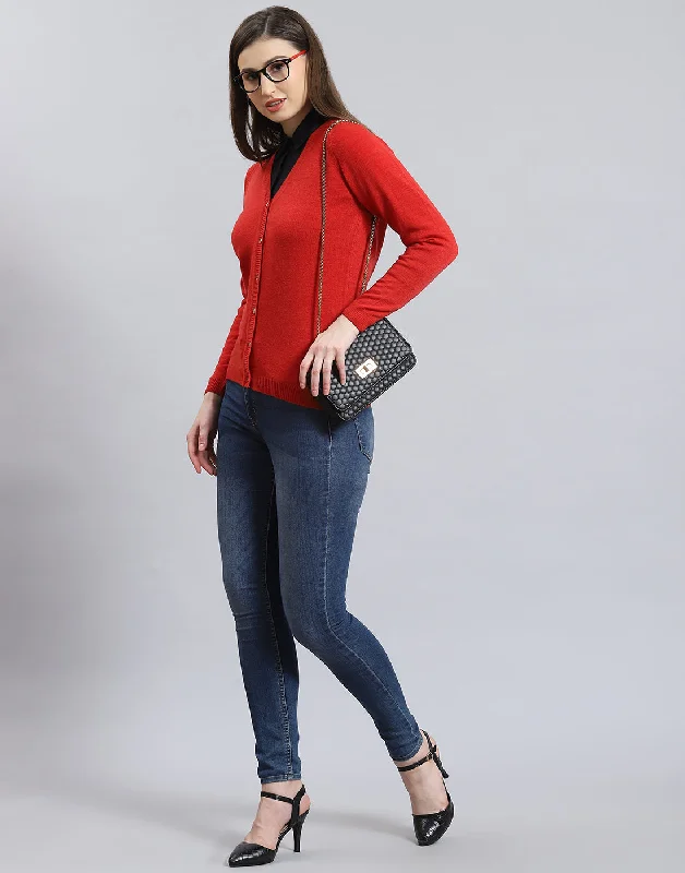 Funky SweatersWomen Red Solid V Neck Full Sleeve Cardigan