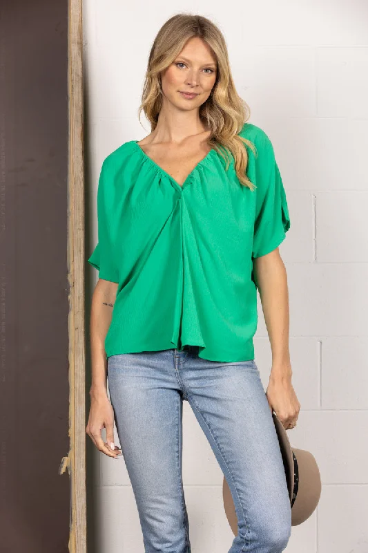 women's tops for vintage fashion enthusiastsGREEN RUNCHED V-NECK DOLMAN SLEEVES TOP TC12603SA