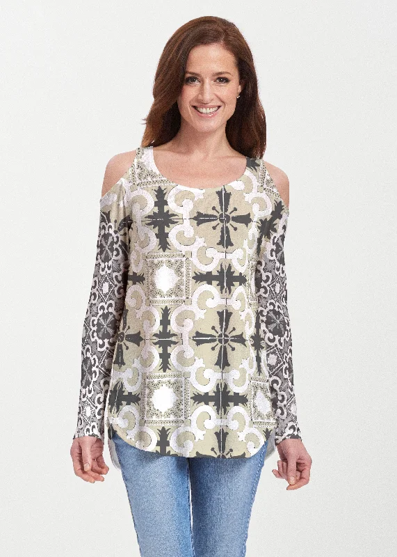 women's tops with asymmetrical designsPortuguese Gold (25010) ~ Butterknit Cold Shoulder Tunic