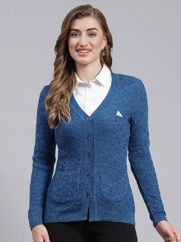 Patterned Cashmere SweatersWomen Navy Blue Self Design Wool blend Cardigan