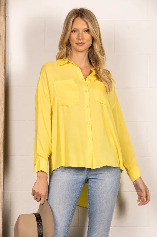 elegant women's topsYELLOW BUTTON UP LIGHTWEIGHT COLLARED BLOUSE TOP B51818W