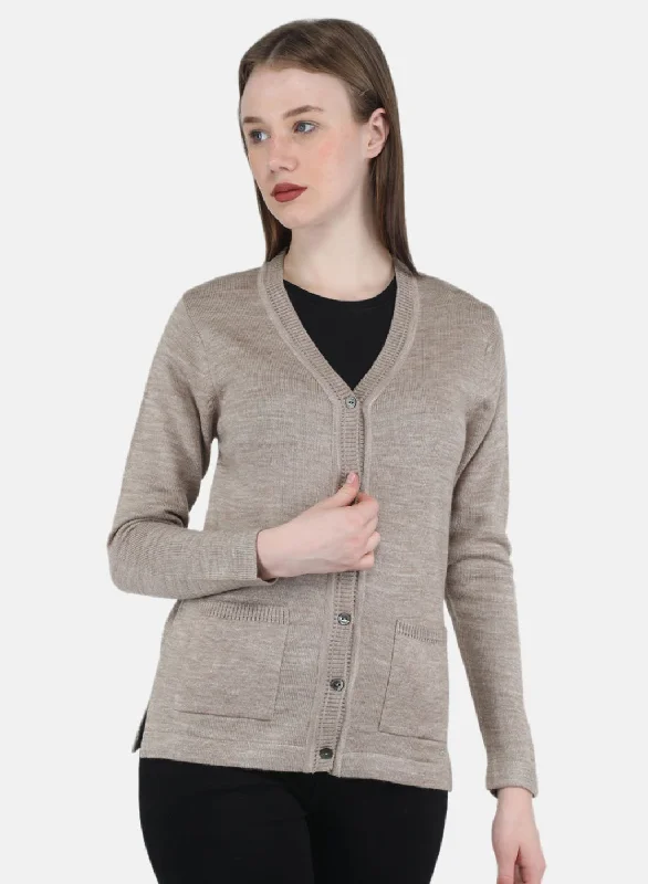 Fashionable Luxurious Chunky SweatersWomen Beige Solid Cardigan