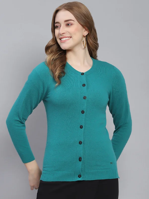 Custom Flannel-Lined SweatersWomen Teal Blue Solid Round Neck Full Sleeve Cardigans