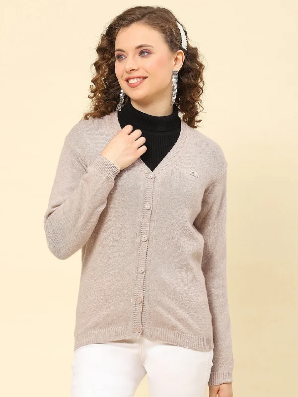 Elegant Hooded Cashmere SweatersWomen Grey Solid V Neck Full Sleeve Cardigans