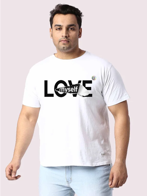 women's tops with embroidery detailsMen Plus Size White Love My Self Printed Round Neck T-Shirt.