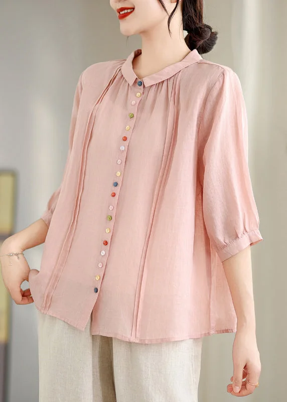 women's tops for statement-making outfitsBeautiful Pink Peter Pan Collar Cotton Shirt Top Half Sleeve