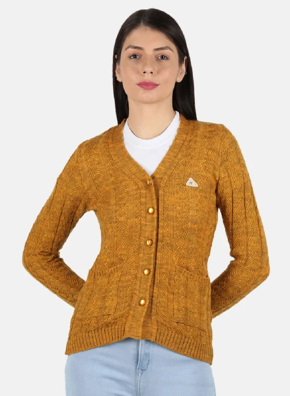 Crewneck Designer Fair Isle SweatersWomen Yellow Self Design Cardigan