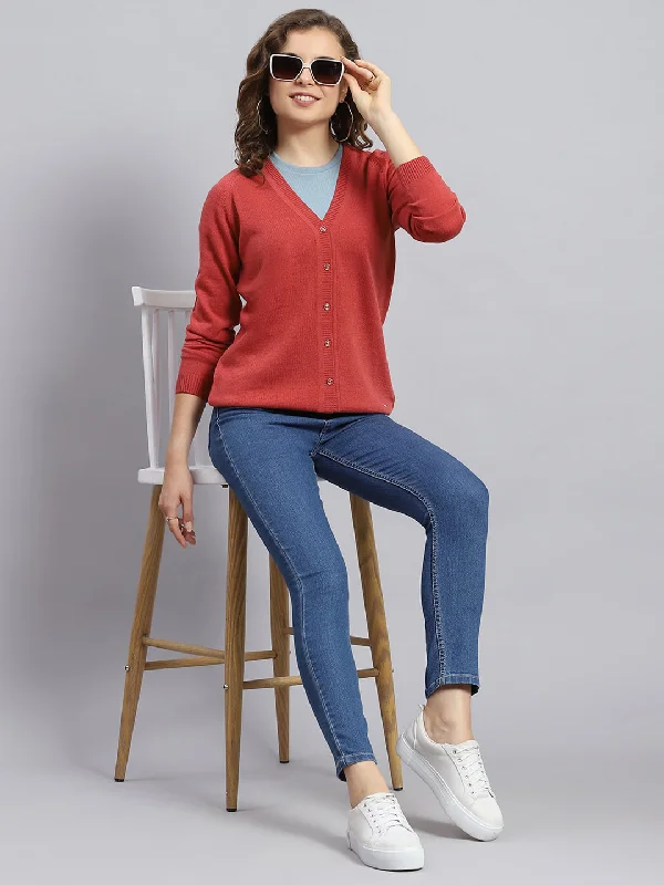 Turtle-Neck SweatersWomen Rust Solid V Neck Full Sleeve Cardigans