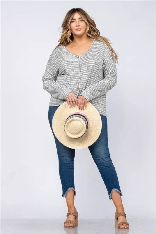 women's tops for those who want to invest in timeless piecesGREY STRIPES BUTTON DOWN W/ FRONT SELF-TIE PLUS SIZE TOP CT43503EX